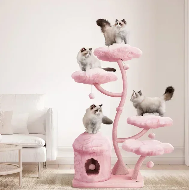 Modern Cat Tree Tower Cute Multi-layer Pink Wood Floral Design Sustainable Cat Climbing Flower Condo Sisal Scratching