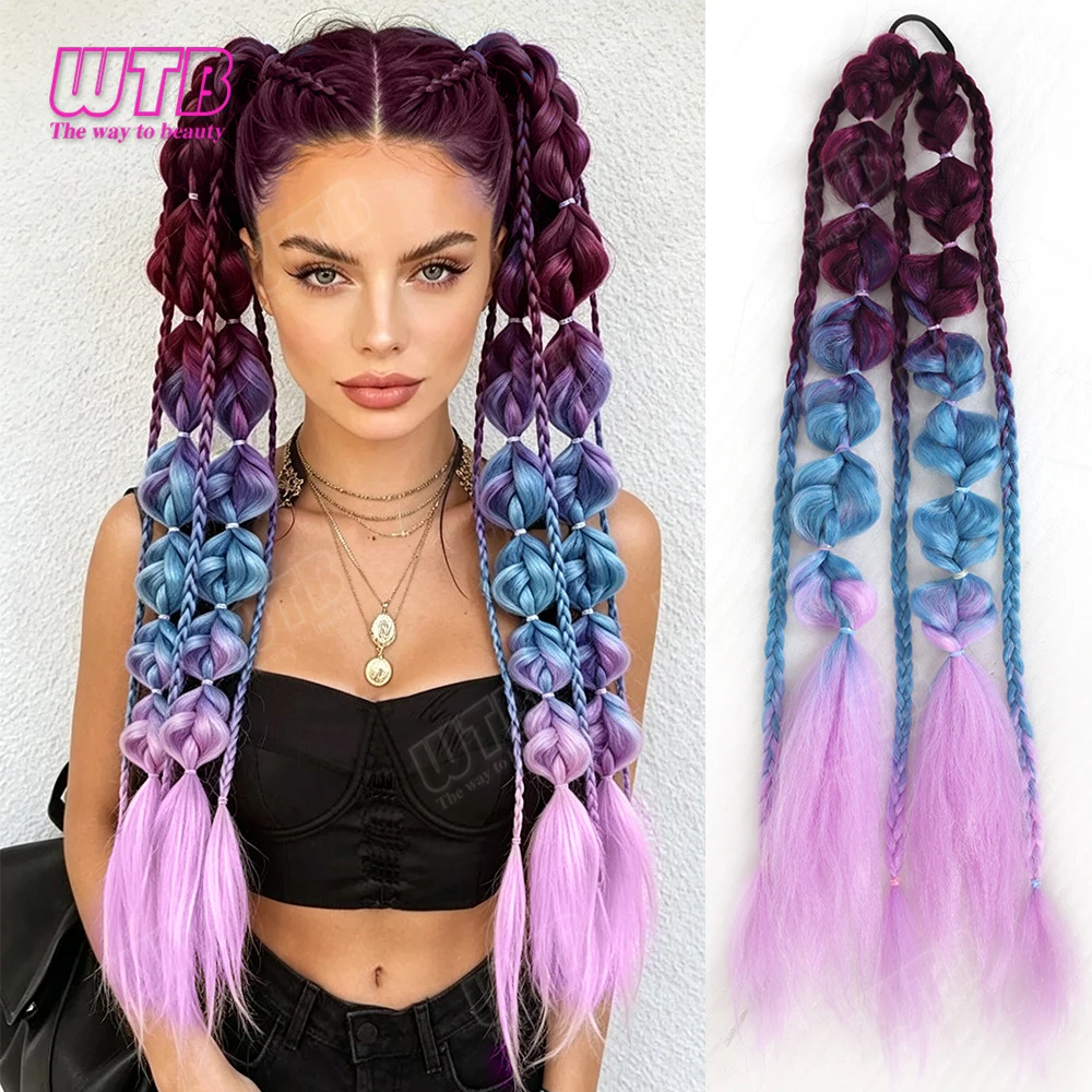Synthetic Gradient Corlorful Bubble Braids Ponytail Hair Extensions Rubber Band Style Hairpiece For Party Costume Halloween Wear