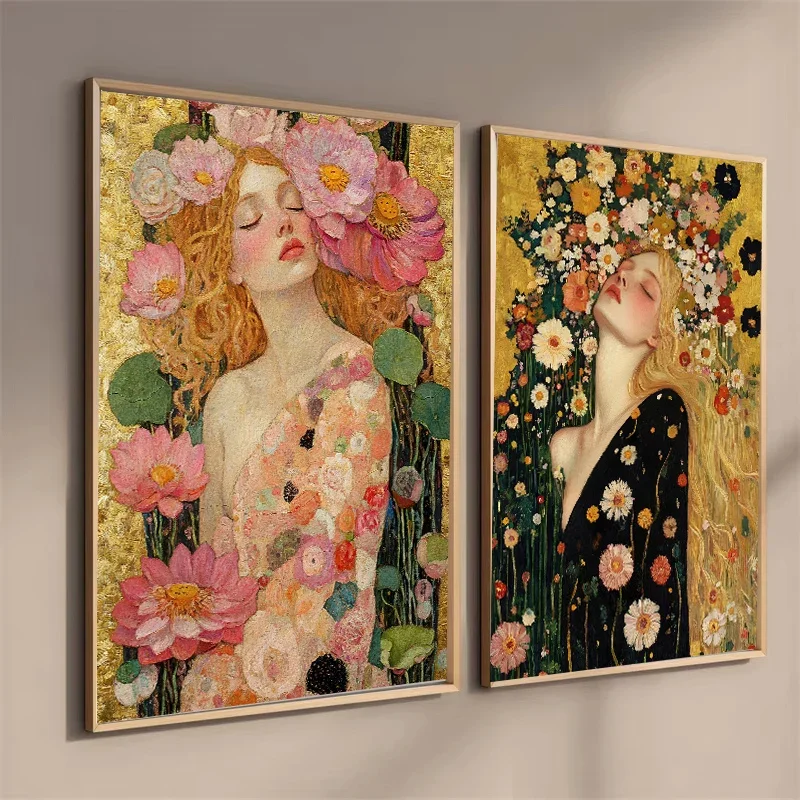 Schönheit Frau mit Pfingstrose Krone Lotus Blume Poster Kunstdruck Floral Porträt Leinwand Malerei Boho Schlafzimmer Home Dekoration