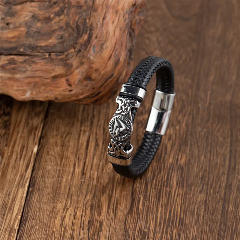 MKENDN Vikings Style 16 Strand Braided Leather Bracelet For Men Triangle Vegvisir Amulet Scandinavian Ouroboros Jewelry