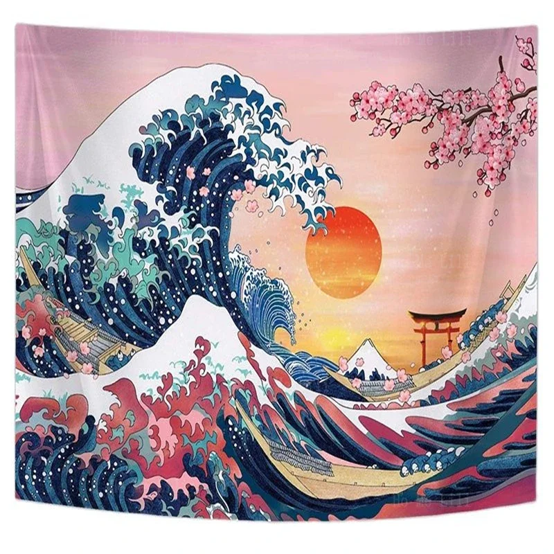 The Great Wave Japanese Ocean Cherry Blossom Tree Sunset Kanagawa Psychedelic Bohemian Elephant Monster Dragon Tapestry