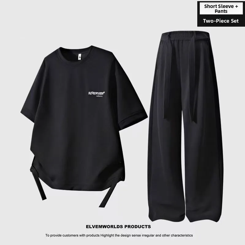 

Korean Style Summer Men's Casual Sportswear Set Fashionable Luxury Short Sleeve Long Pants Two Piece Suit Polyester Fiber