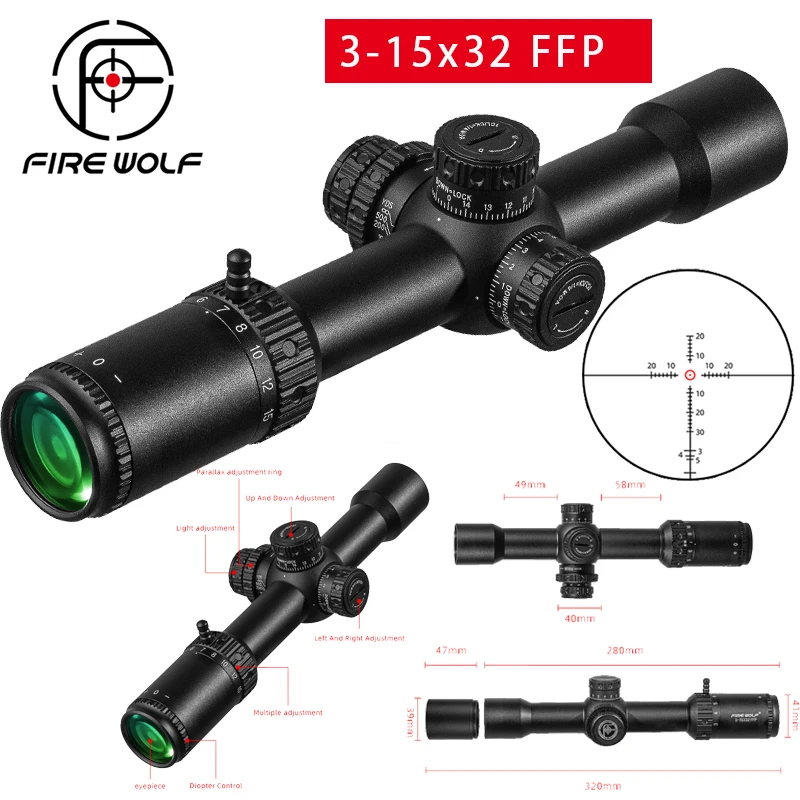 FIRE WOLF  3-15x32 FFP First Focal Plane Scope Tactical Hunting Riflescope Luneta Parallax Adj Turret Lock Reset Sights.308