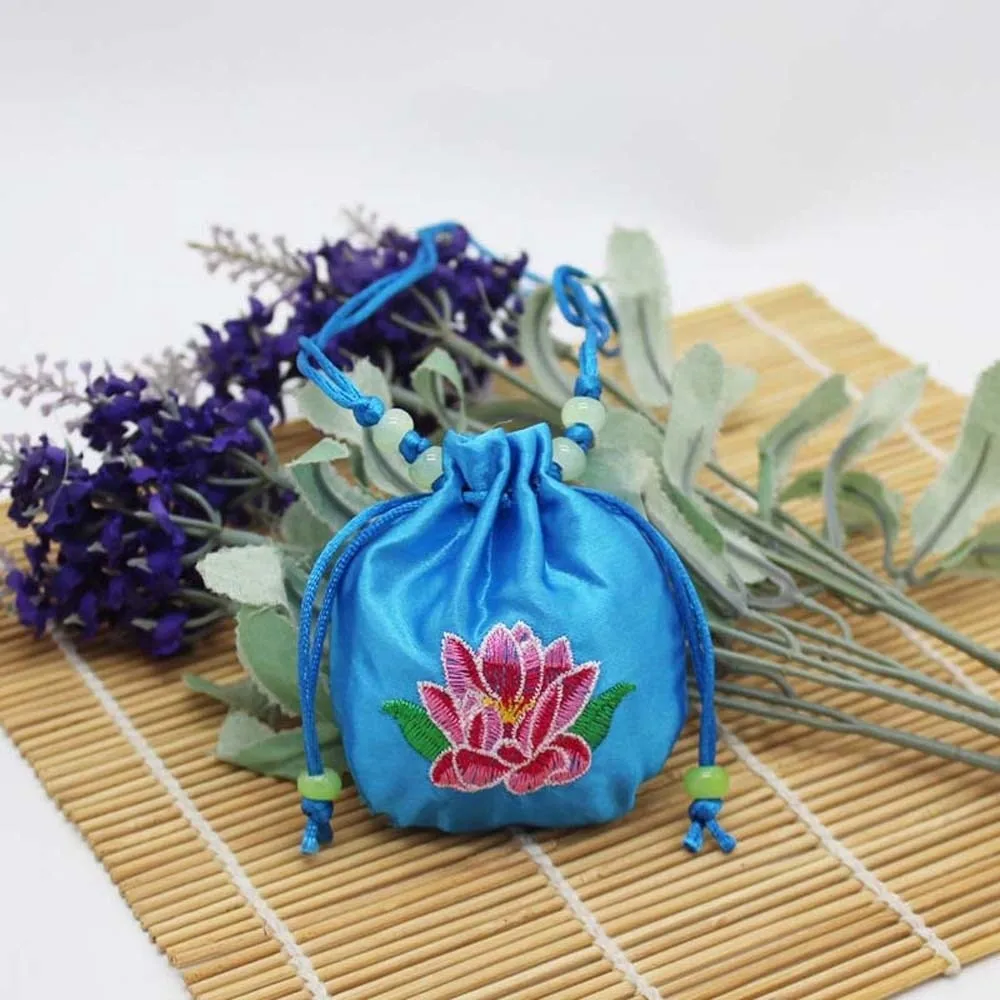 Lotus Embroidery Embroidered Sachet Silk Satin Beads Lotus Drawstring Bag Neck Strap Empty Pouch Vintage Chinese Pouch