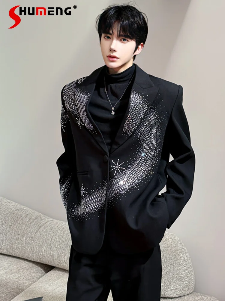 

Hot Diamond Shoulder Padded Blazers Men's 2025 Spring Autumn New High-end Handsome Suit Jackets Male Light Luxury Jacket Tops