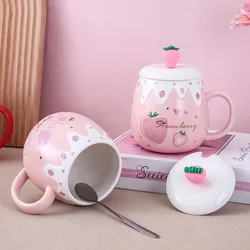 1pc 450ml Cute Strawberry Ceremic Cup with Lid Spoon Water Cup Coffee Mug Creative Gift Easy To Clean Summer Winter Drinkware