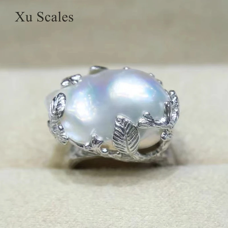 Aurora Colorful Colorful Natural Baroque Shaped Pearl 15-25mm Antique s925 Sterling Silver Ring Adjustable Open mouth Jewelry