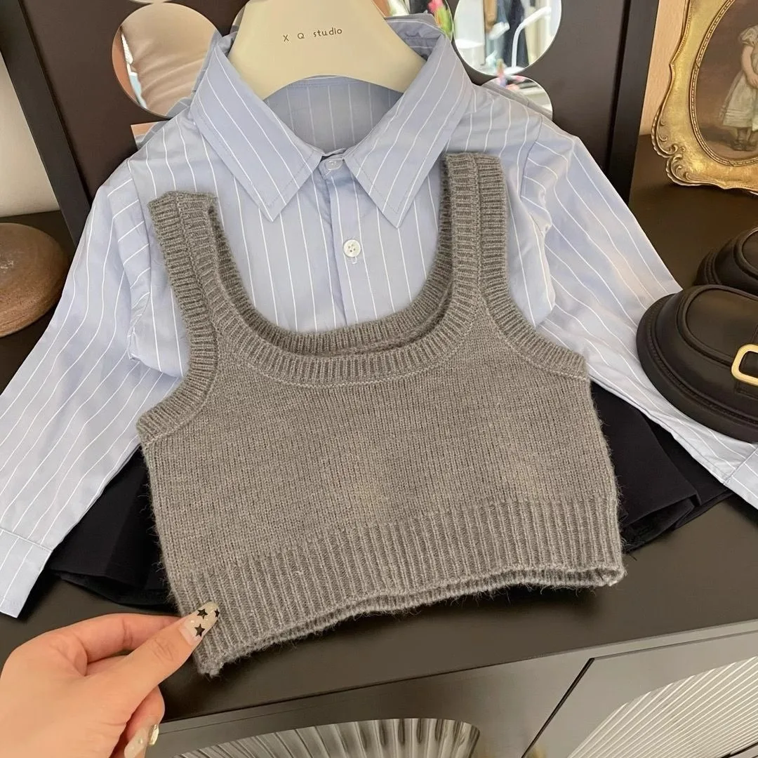 Childrens Sets Korean Baby Autumn Vest Blue Stripe Shirt Pleated Academic Three Pieces Childrens Clothing 2024 Turn Down Collar
