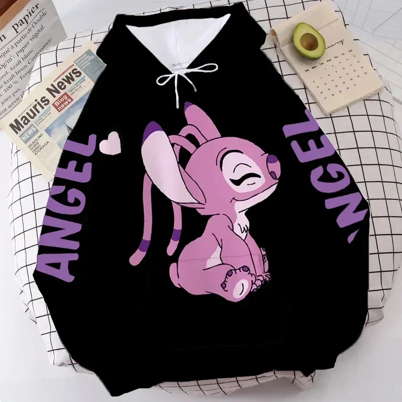 2024 New Disney Hoodie Fashion Stitch Angel Monster Letter Cartoon Sweatshirt Pullover Cute Harajuku Unisex Women\'s Pocket Top