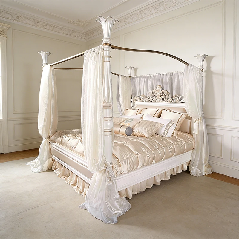 !@Luxury White Color Wooden Flower Design Silk Fabric Headboard Hand Carving King Queen Size Bed Italy Style Bedroom