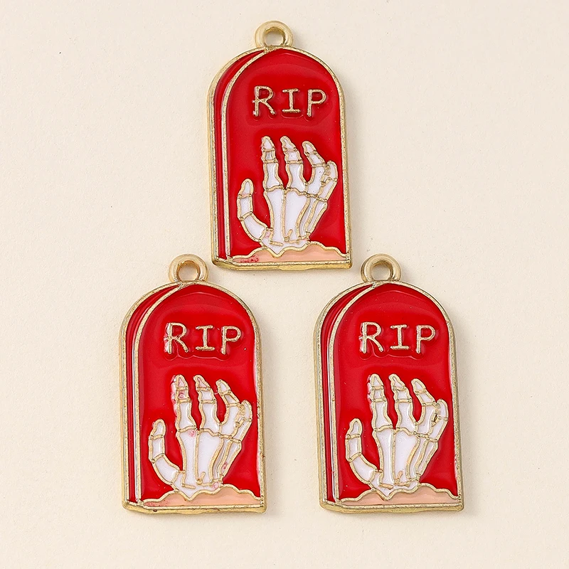 Leslie 10pcs 27*14mm Enamel Halloween Coffin Death Rest In Peace Tomb Charms Pendants for Necklace Keychain Jewelry Accessories