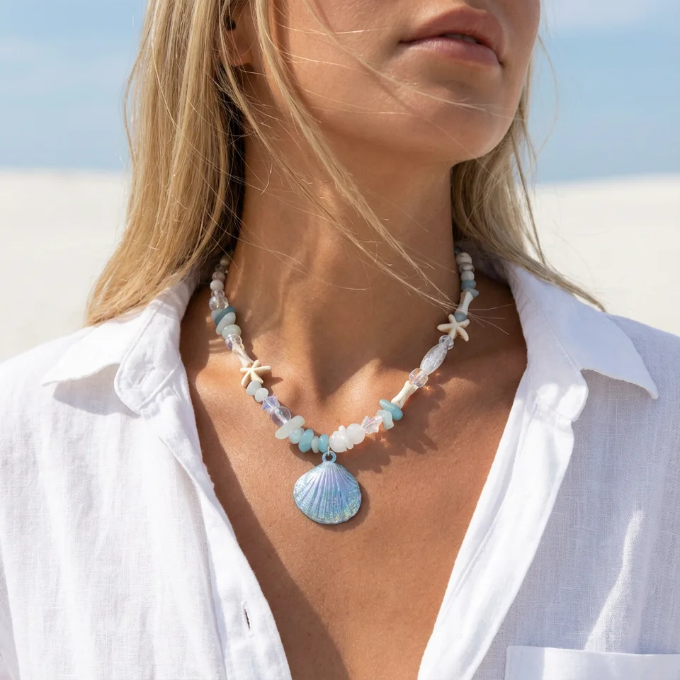 Boho Shell Starfish Necklace for Women Blue 2026