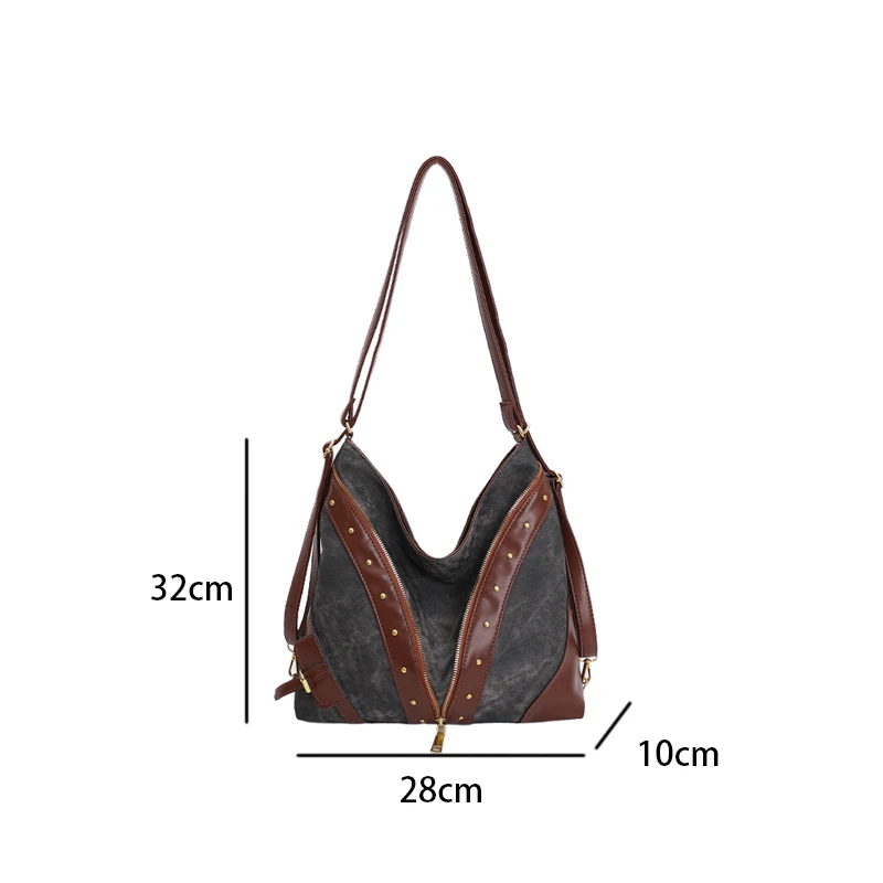 Vintage-Rucksack, Damen-Tragetasche, Retro-Spleiß-Hobo-Umhängetasche, lässige Alltags-Einkaufstasche mit Nieten-Dekor – Detail 1