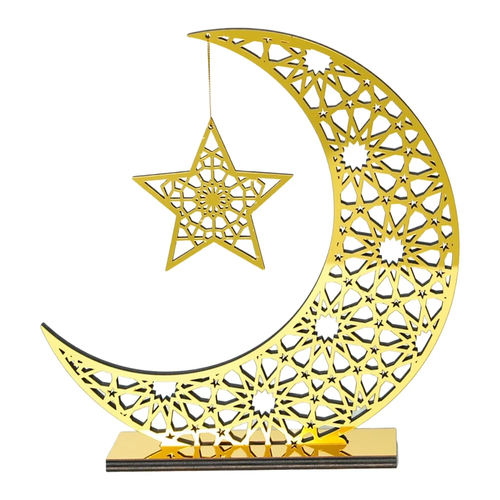 3D Star Moon Ethnic Style Wooden Stand Gold Mirror Ornament Desktop Tabletop Display Decor For Home Bedroom Living Room Party