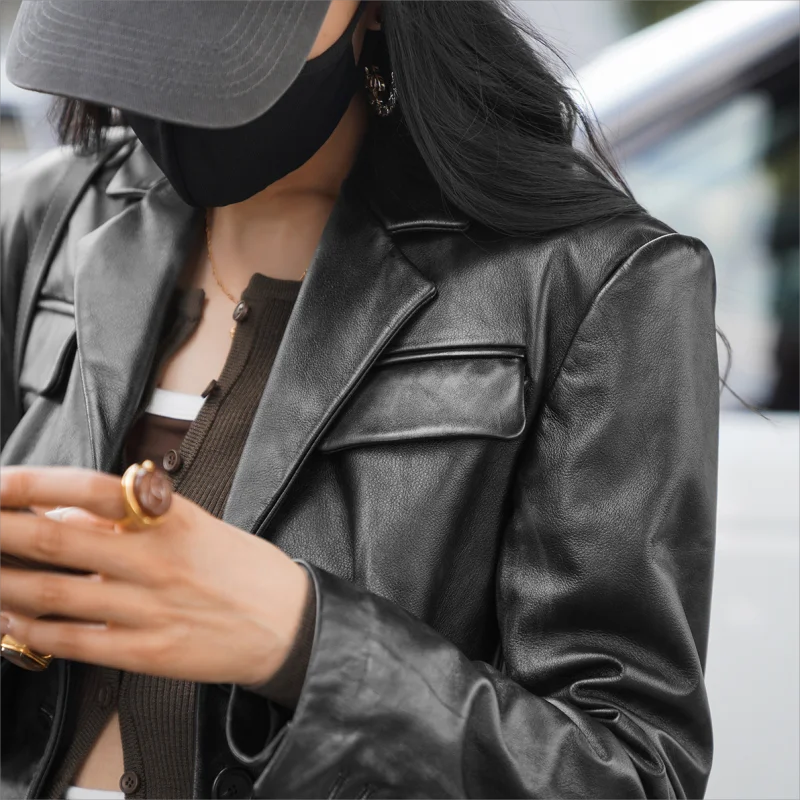 Spring Leather Jacket Ladies Korean Vintage Waist Closing Shoulder Pad Suit Coat Head Layer Vegetable Tanned Sheepskin Blazers