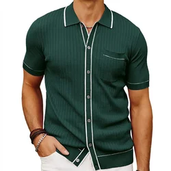 Green Knitted Short Sleeve Men Polo Shirt Casual Knitwear Tees Lapel Button Down Cardigan Men's Clothing Breathable Tops T-shirt