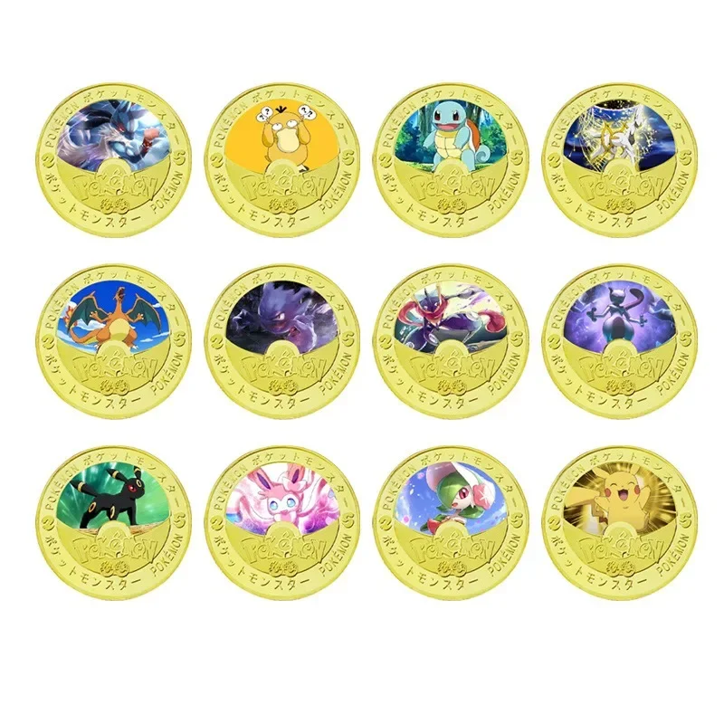 Pokemon Pikachu Cartoon Souvenir Coin Anime Action Figures Dragonite Colored Anime Commemorative Coin Collection Decoration Gift