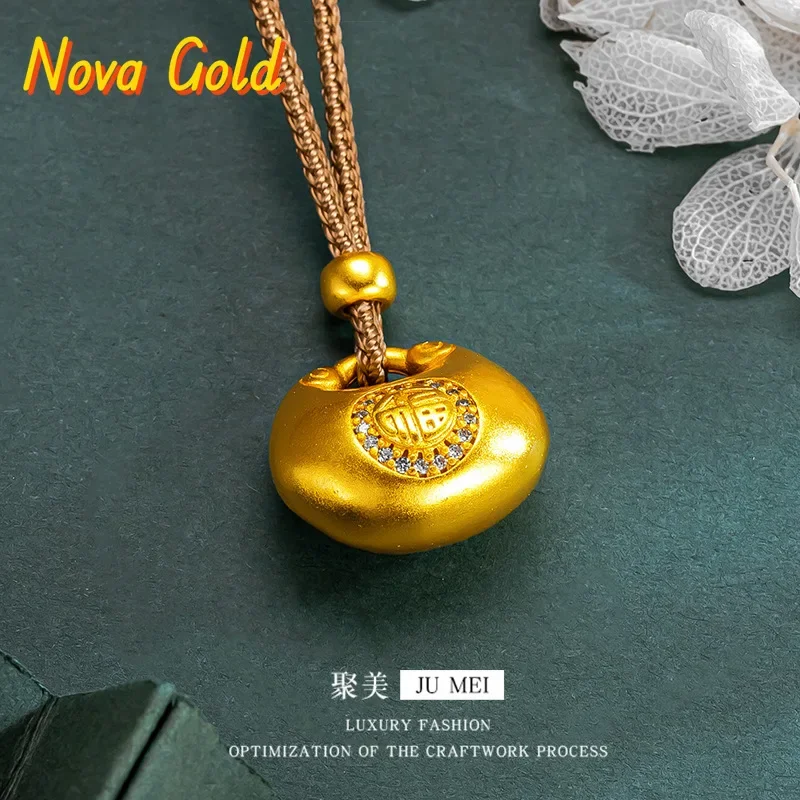 NovaGlod 9999 24K real gold diamond inlaid with fat Fufu characters small gold lump lock bag pendant tie rope necklace sweater c