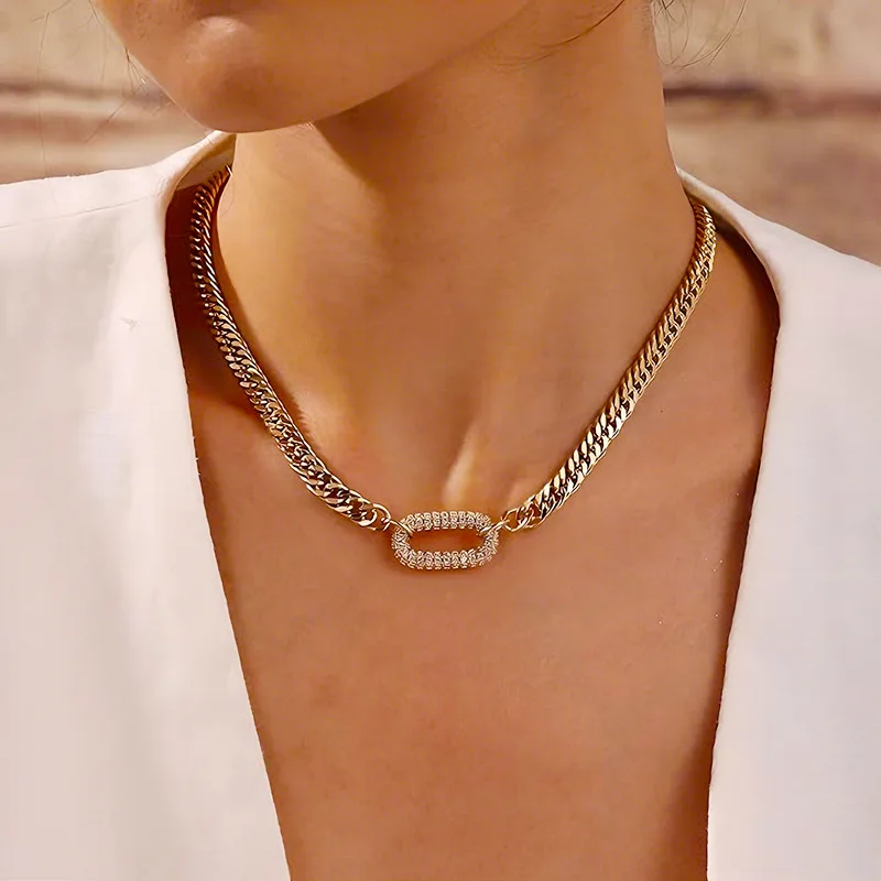 

Hot Sale Copper Plated 14k Gold Inlaid Zircon Cuban Chain Women's European And American Fashion Light Luxury Round Chain