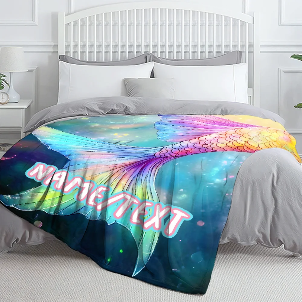 Custom Name Mermaid tail Blanket Flannel Throw, suitable for sofa, bed, birthdays, children, friends, gifts