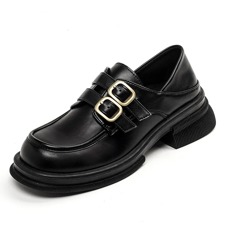 2023 New Women Leather Shoes Black Loafers Fashion Metal Decoration Pumps Ladies Banquets Offices Oxfords Woman Casual Shoes
