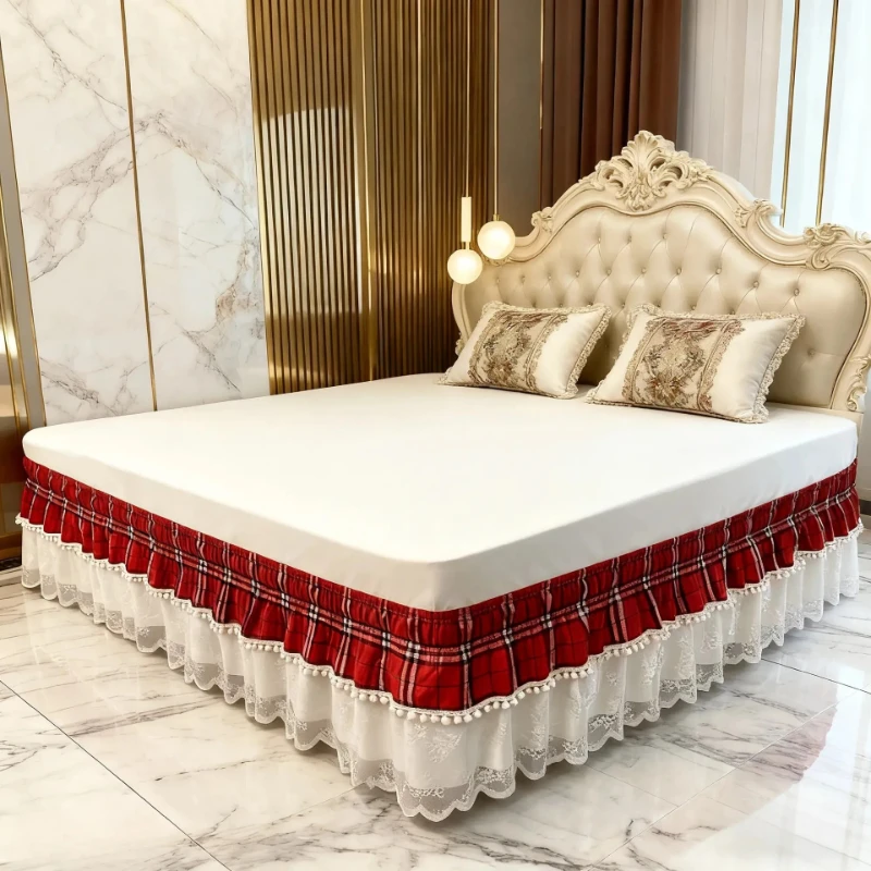 40cm High Christmas Elastic Wrap Around Bed Skirt Pom Pom Lace Splicing Dust Ruffle 3 Sides Coverage No Top for Bedroom Decor