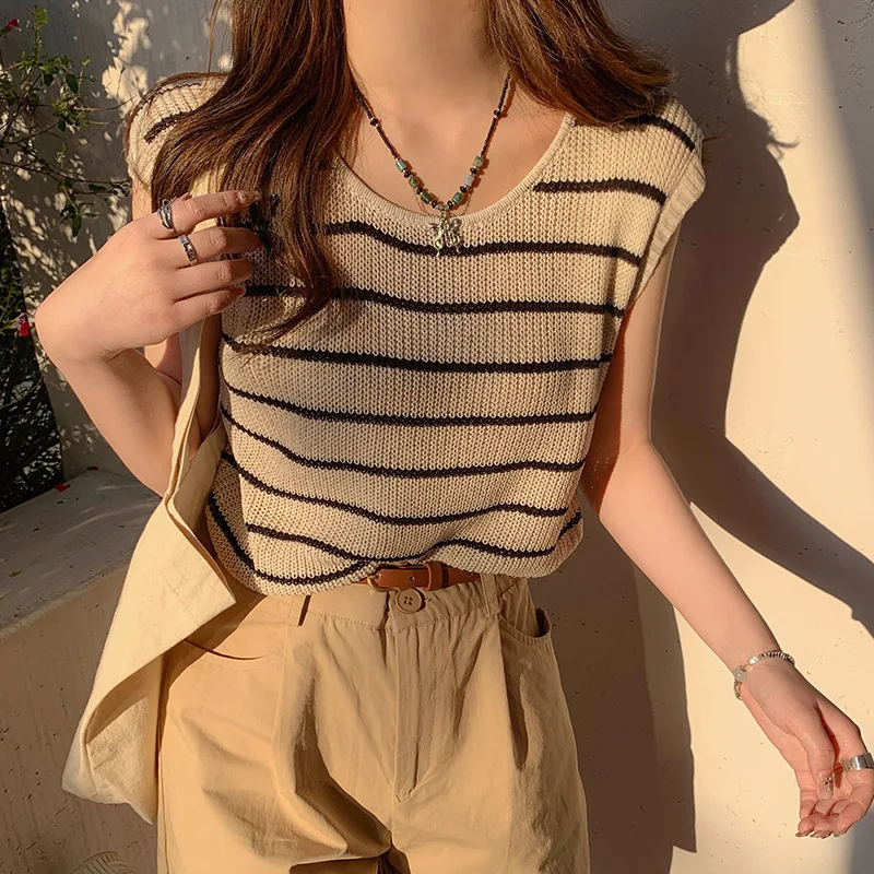 Knitted Striped Suspender Vest Women's Summer Loose Sleeveless T-Shirt Xiaofei Sleeve Top