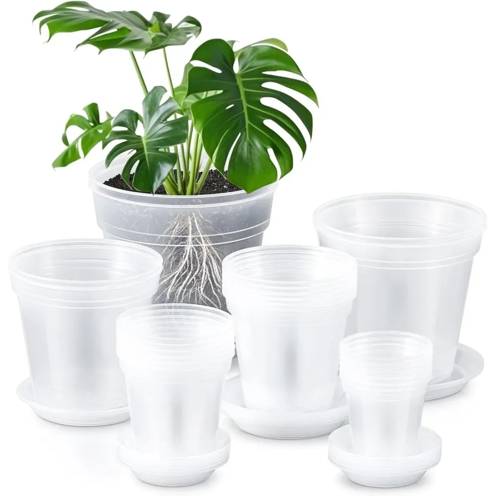 

24 Pcs Inch Clear Nursery Pots with Drainage Variety Pack Clear Plant Pots with Tray Transparent Plastic Pots for Plants