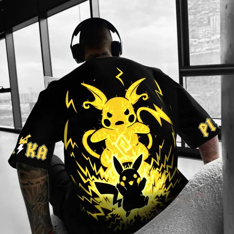 Pokémon Animation Derivatives Pikachu Tryck T-shirt Herr Dam Sommar 2025 Oversize Löst Bomull Gatu Trend Märketopp 8 best sales Pikachu T-shirt - №4