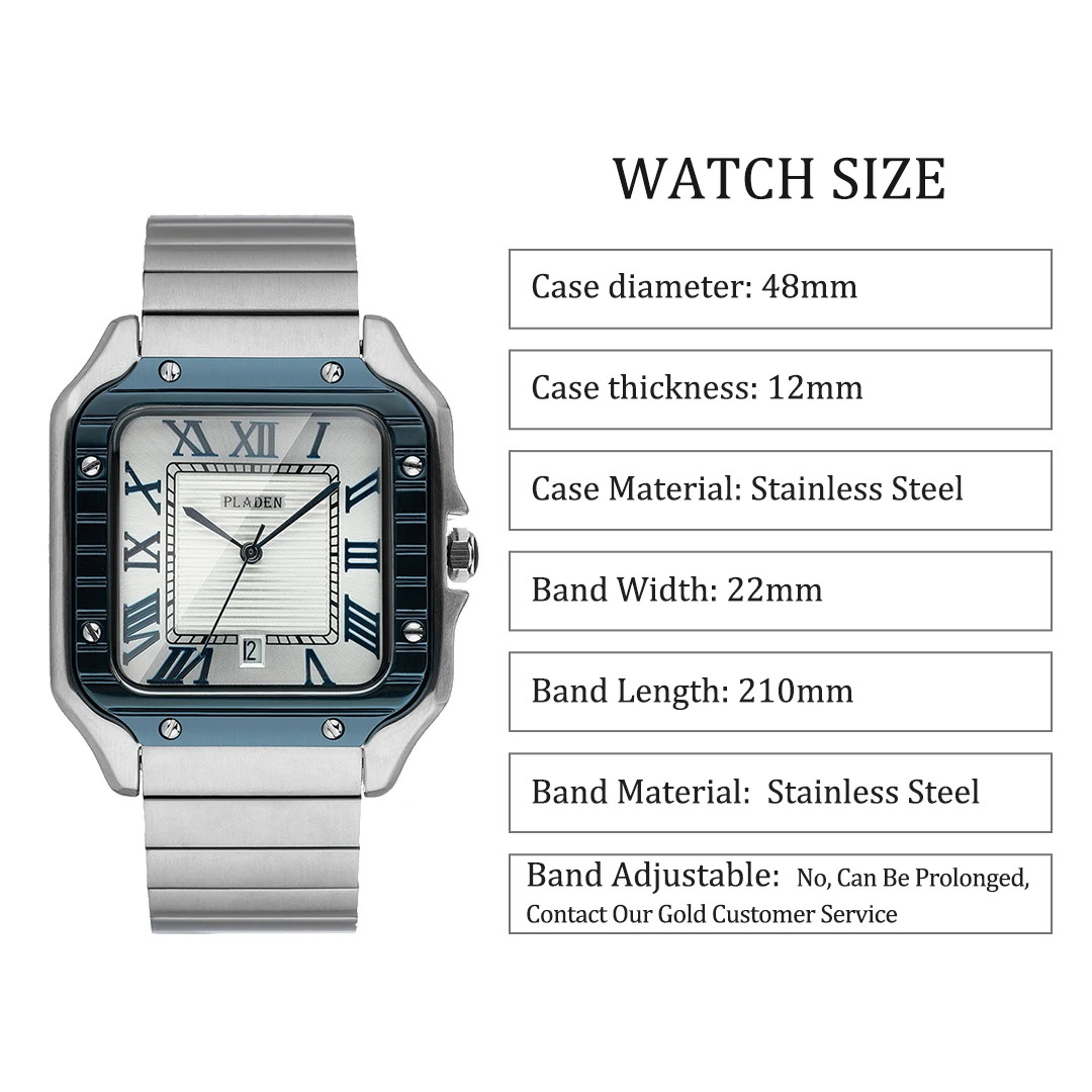 PLADAN Minimalist Watch For Men Stainless Steel Men\'s Wristwatch Automatic Calendar Wristatches Classics Rectangle Relojes