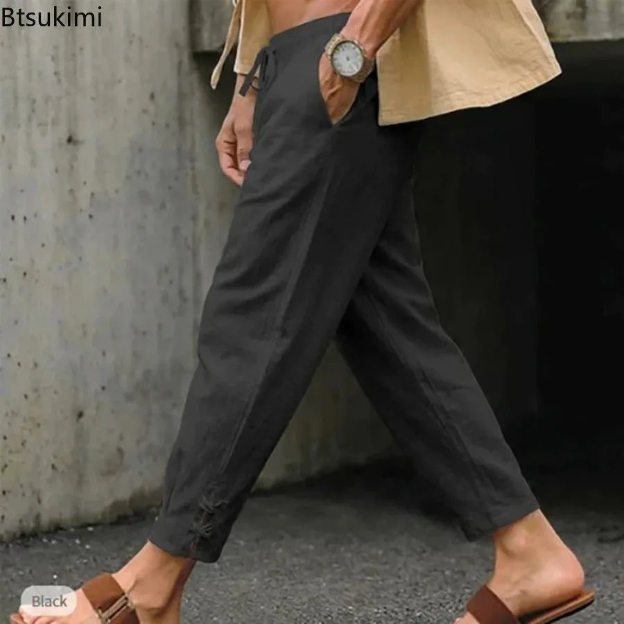 

2026 New Men's Fashion Mens Solid Color Trousers Spring Daily Leisure Breathable Linen Pants Men Casual Drawstring Linen Bottoms