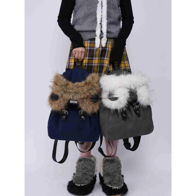 

Fashion Rebirth Wild Style Bear Backpack For Women Autumn/Winter Cute Furry Crossbody School Bag