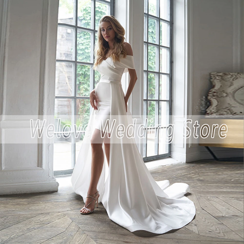 Detachable Train Short Wedding Dress For Bride Off Shoulder Mono Above Straight Bridal Gown Civil White Свадебное платье Custom