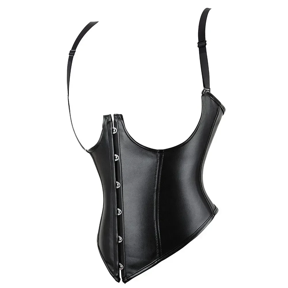 Women Leather Corset Top with Strap Underbust Vest Gothic Steampunk Basques Body Shaper Sliming Waist Trainer Bustier