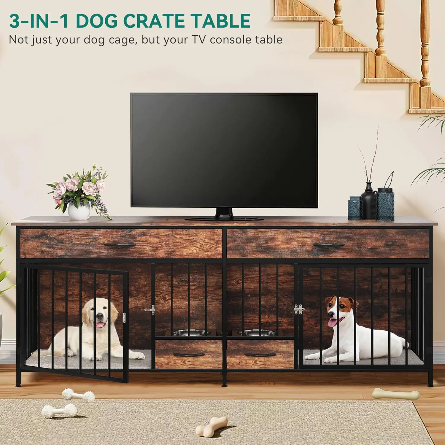 Double Dog Crate Furniture with Feeder,74.8