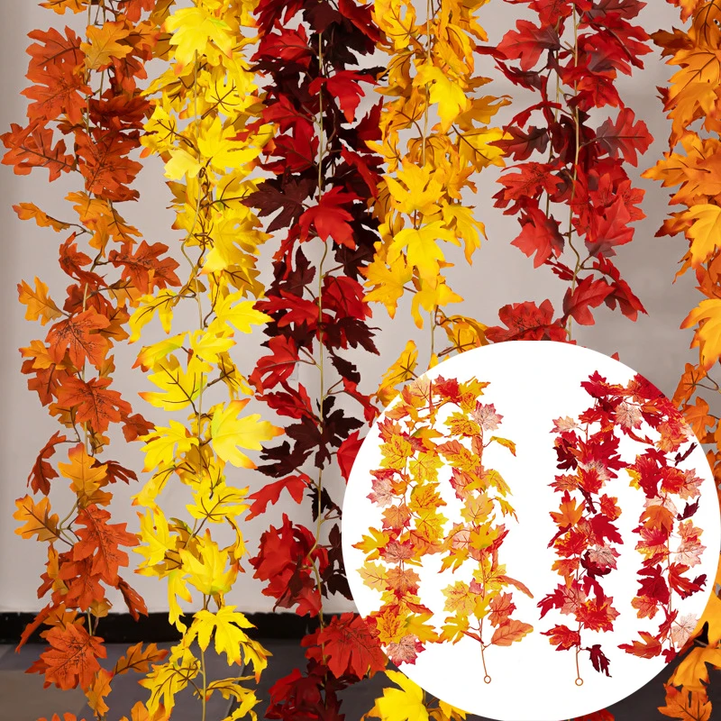 Artificial Maple Leaves Garland Autumn Fall Red Yellow Fake Leaf Vines Thanksgiving Halloween Party Home Decoration Vine Strings