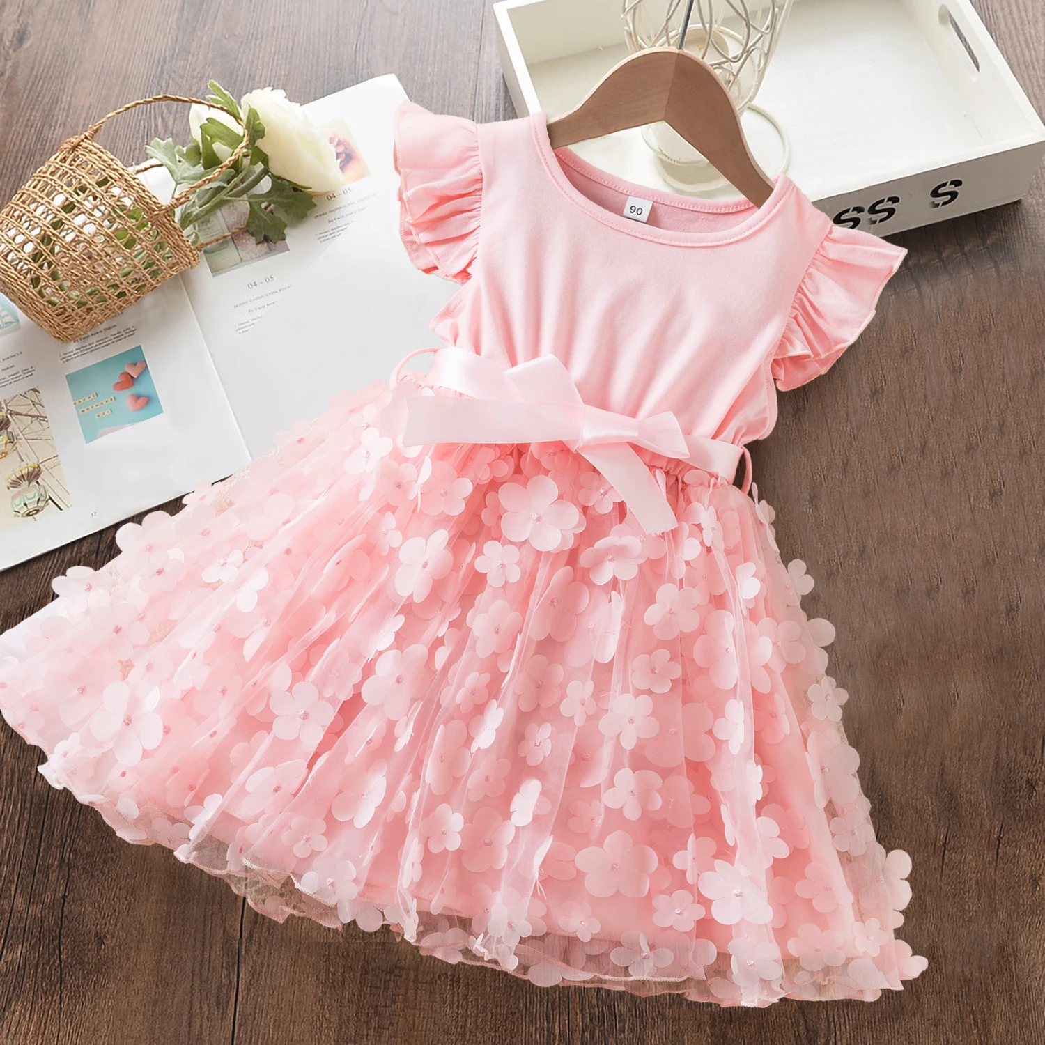 Summer Dress 3D Floral Mesh Ruffles Sleeves Dress for 1-5Y Toddler Girls Birthday Princess Party Wear Tutu Baby Girl Clothes