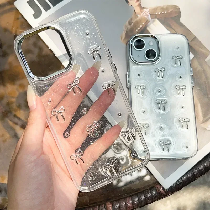 Transparent Stereoscopic Metal Bow Mobile Phone Case for IPhone 15 Plus 15 Pro Max Shockproof Bowknot Soft Clear for IPhone 15