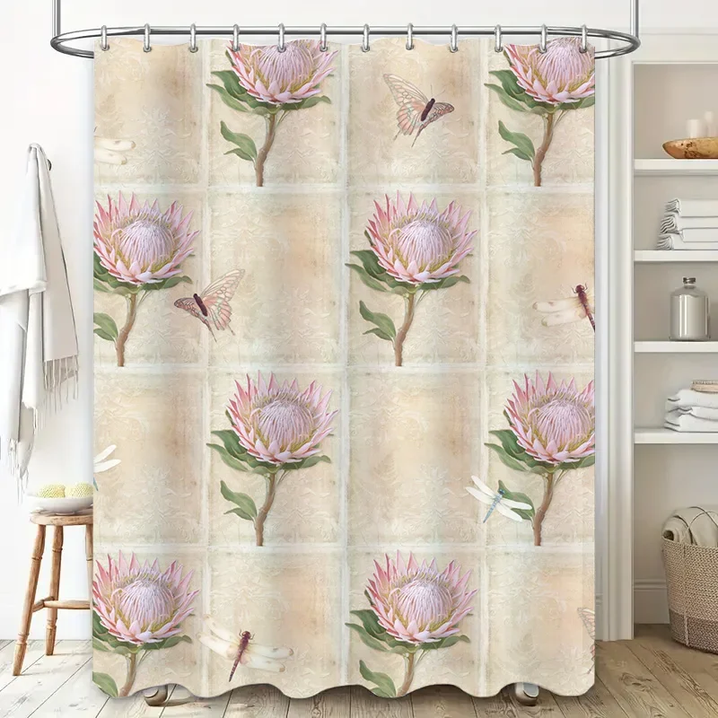 

Водонепроницаемая штора с экзотическими розовыми цветами и нежными насекомыми, предназначенная для модернизации стильного декора ванной комнаты.