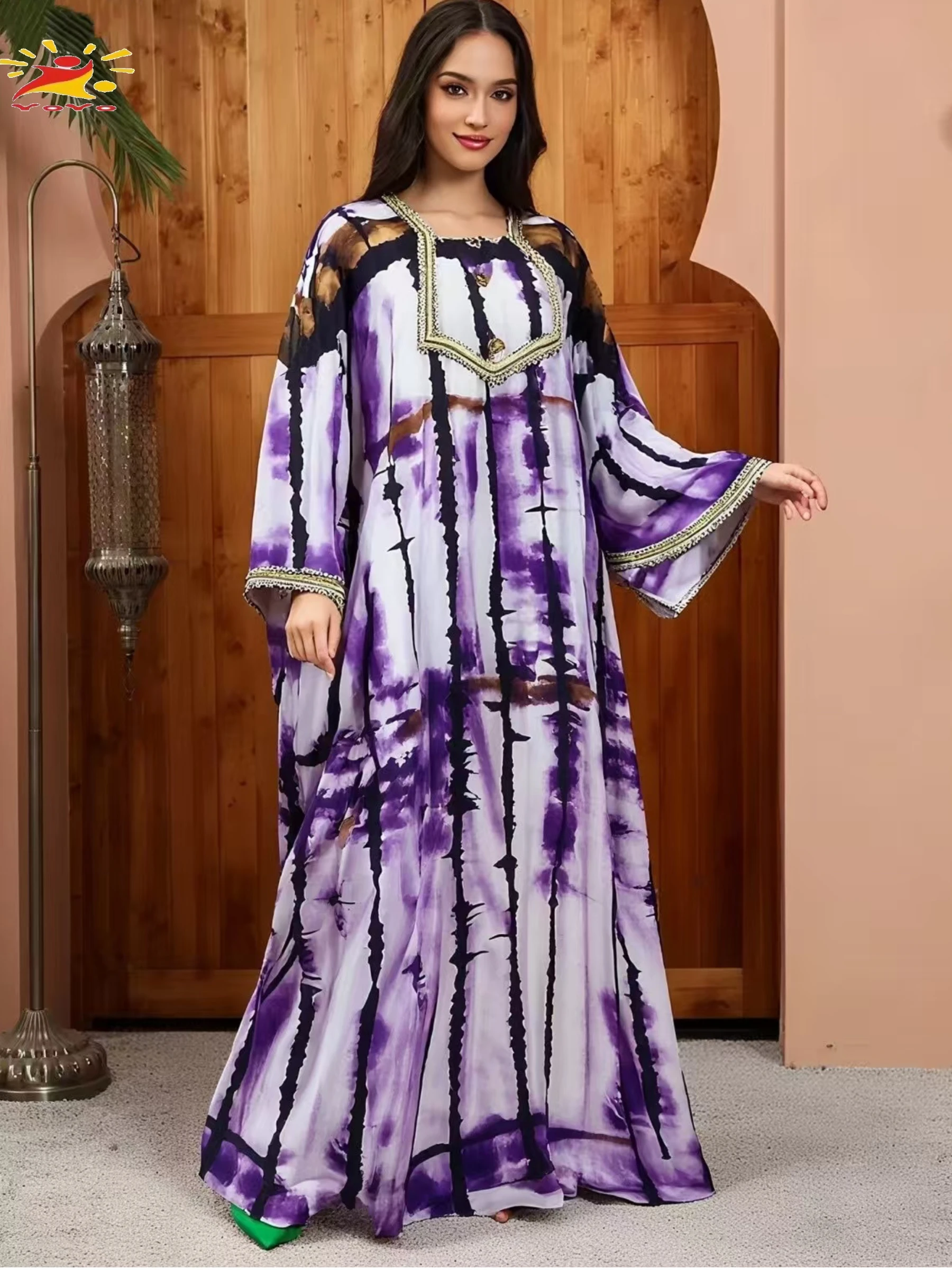 2025 무슬림 여성용 코튼 아바야, 다시키 루즈 드레스, 배트윙 슬리브, 여성용 로브 부부, 아프리카 이슬람 드레스 (헤드스카프 포함)