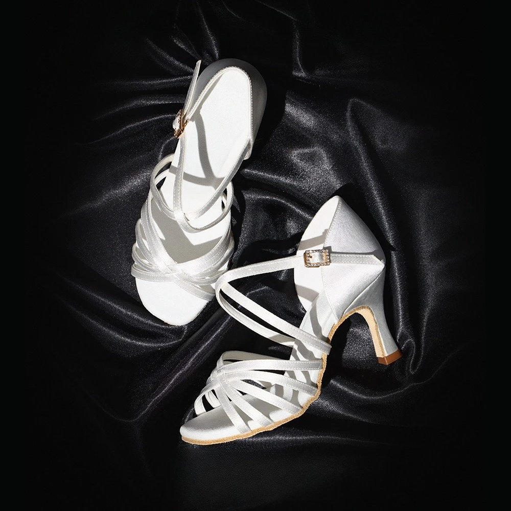 

UK Latin Dance Shoes Women's Mid Heel Silk Satin Practice Shoes with Flexible Sole for Ballroom Latin