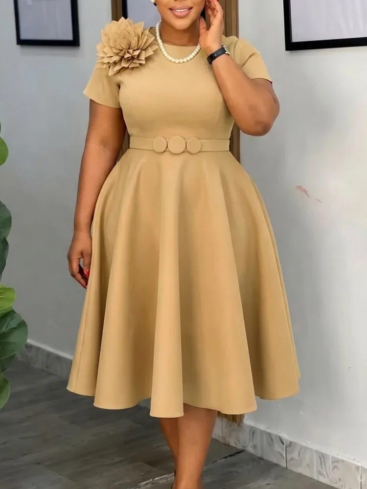 Übergröße Sommer-Herbst Neues Einfarbiges O-Ausschnitt Kurzarm-Kleid, Modisches Pendler-Outfit, Schlanke Passform, Midi-Länge, Eleganter Stil