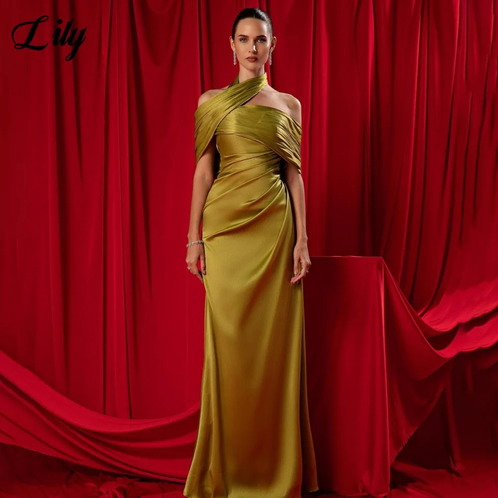 

Lily Green Mermad Evening Dress Off Shoulder Satin Ruched Trumpet Formal Dresses with Pleats Dress for Special Events Customized
