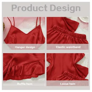 Zwei sexy Stücke Pyjama Set V-Ausschnitt Frauen Farbe Färbem Seiden Satin Spaghetti Homewear Loungewear Kräuselte weibliche Heimkleidung 8 Hauptverkaufsbluse -Seide mit Rüschen - №6