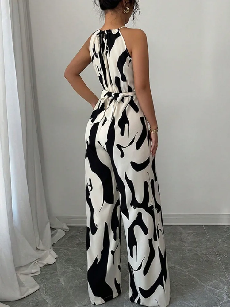 

Yeezzi Women's Sleeveless Spaghetti-Neck Jumpsuits 2025 New Fashion Contrast Color Lace-up Waisted Pleated One-piece Outfits