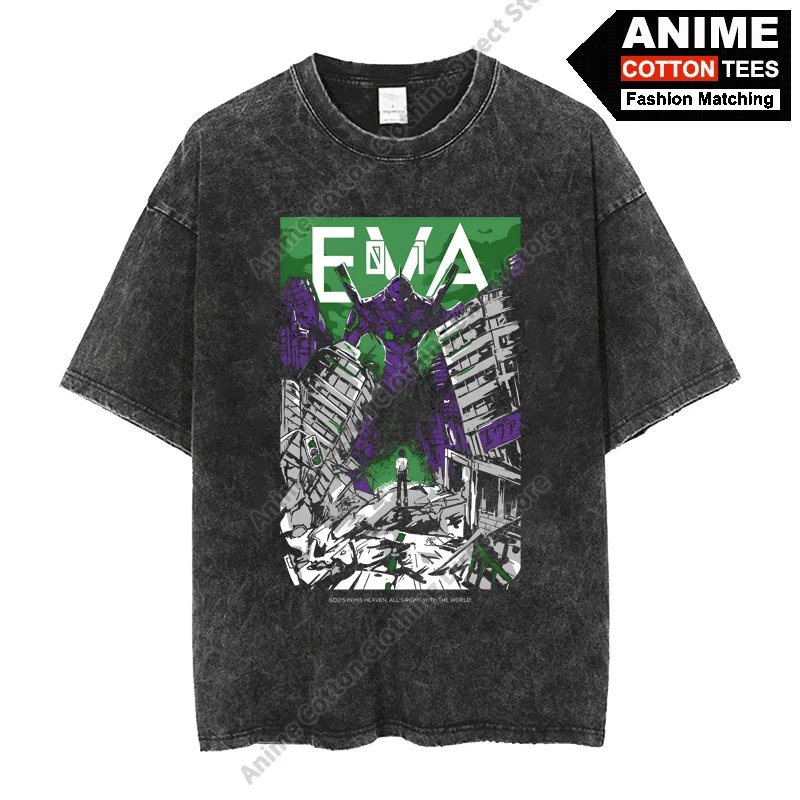 Anime NEON GENESIS EVANGELION TEST TYPE EVA-01 Print T Shirt Cotton Washed Vintage Oversized Loose Tees Casual Unisex T-shirt