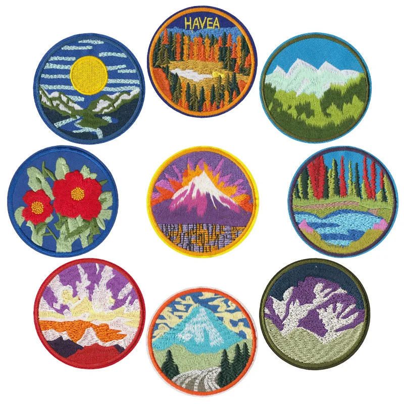 Outdoor Camping Mountain Range Sunset Ocean Volcano Design Sew Iron-on Embroidery Patch DIY Clothes T-shirt Hat Bags Scarf Jeans