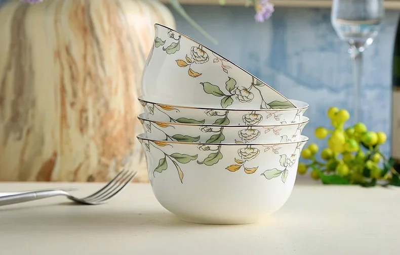 4pcs 4.5 Inch, Real Fine Bone China Soup Bowls, Bowl, Green Leaf Painting, Porcelain Noodle Bowl, for Kitchen and Cooking