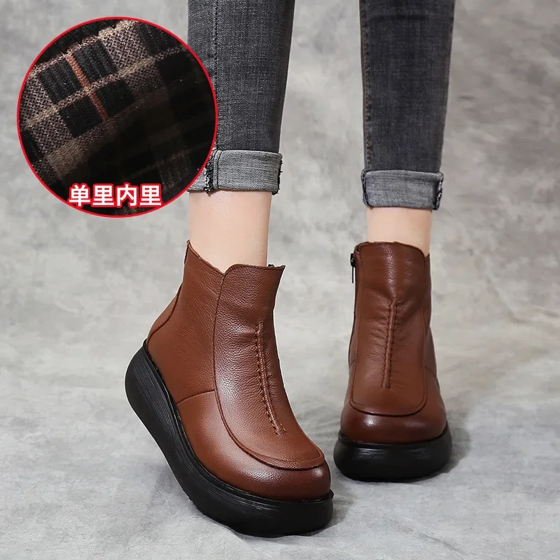 2024 New Genuine Leather Winter Boots for Women Flat Shoes Ladies Snow Boots Womens Flat Keep Warm Platform Work Shoes