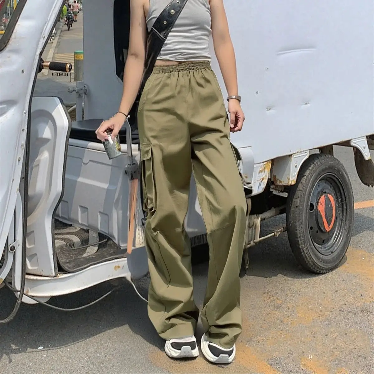 Plus Size Straight Cargo Pants Women Fashion Solid Pocket Elastic Waist Trousers American Retro Street Pant Lady Casual Clothes